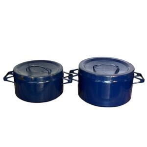 Set 2 Vintage MCM Arabia Finland Finel Seppo Mallat Blue Enamel Pots & Lids